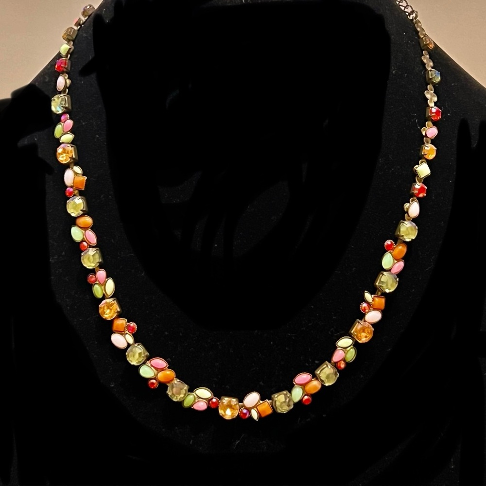 Bella Lia 15” Multicolored stone necklace in dark gold metal setting, Never Worn